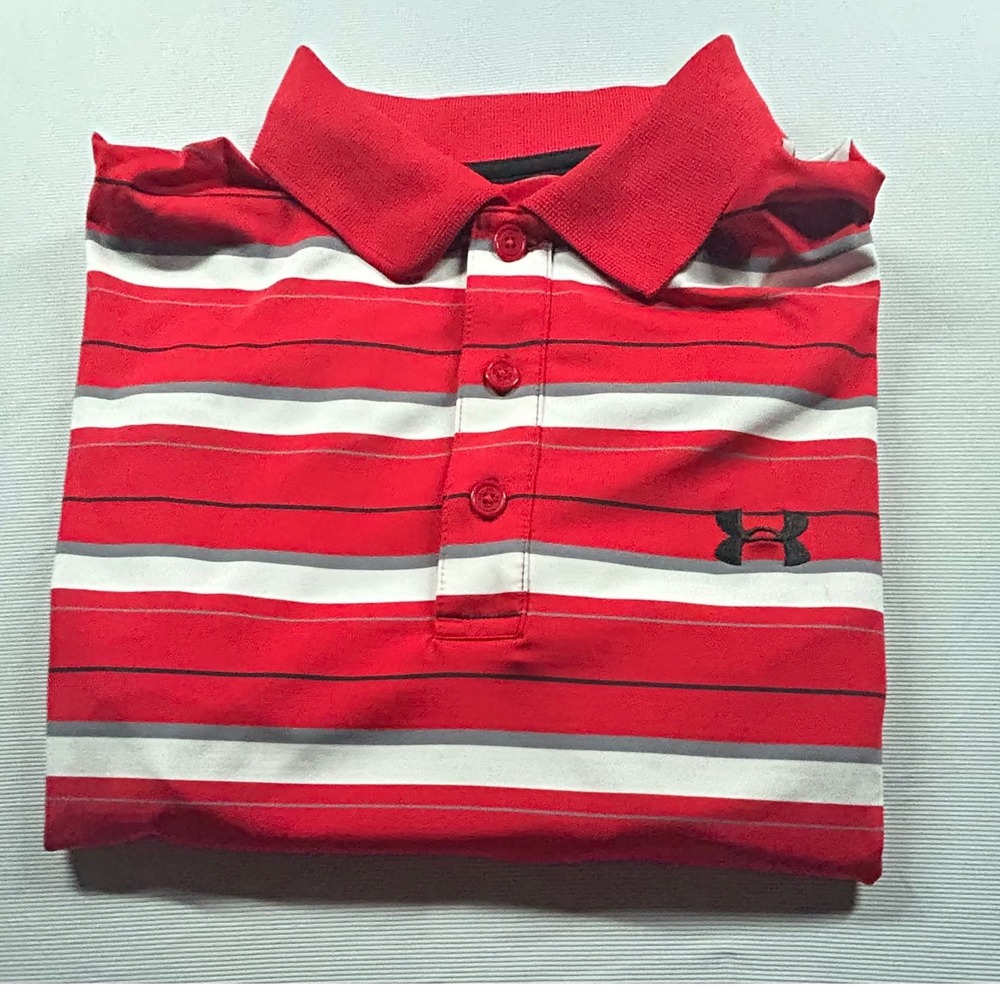 Under Armour Mens HeatGear Polo Shirt Red White Grey Striped Loose Fit Large